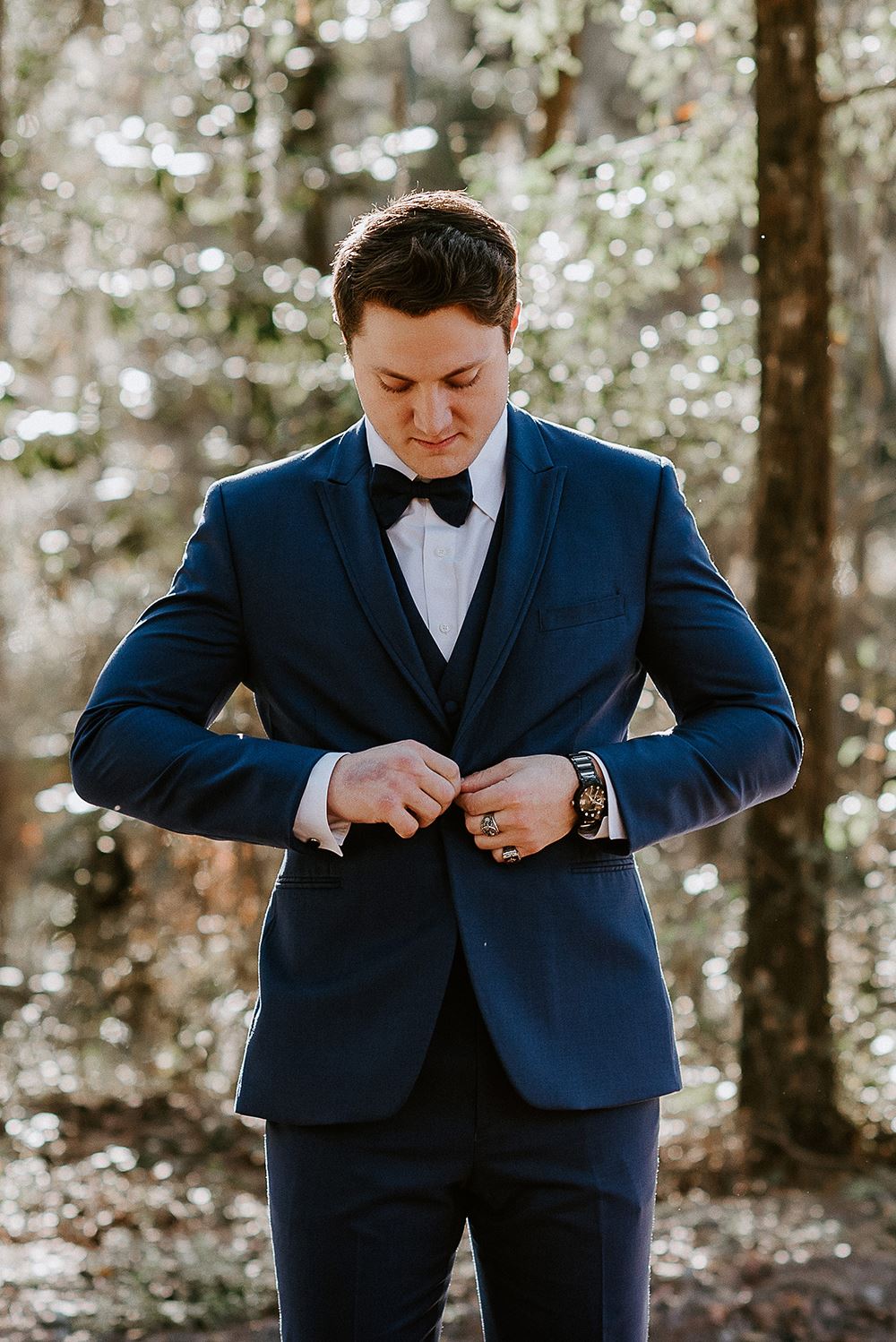 Model wearing a tuxedo